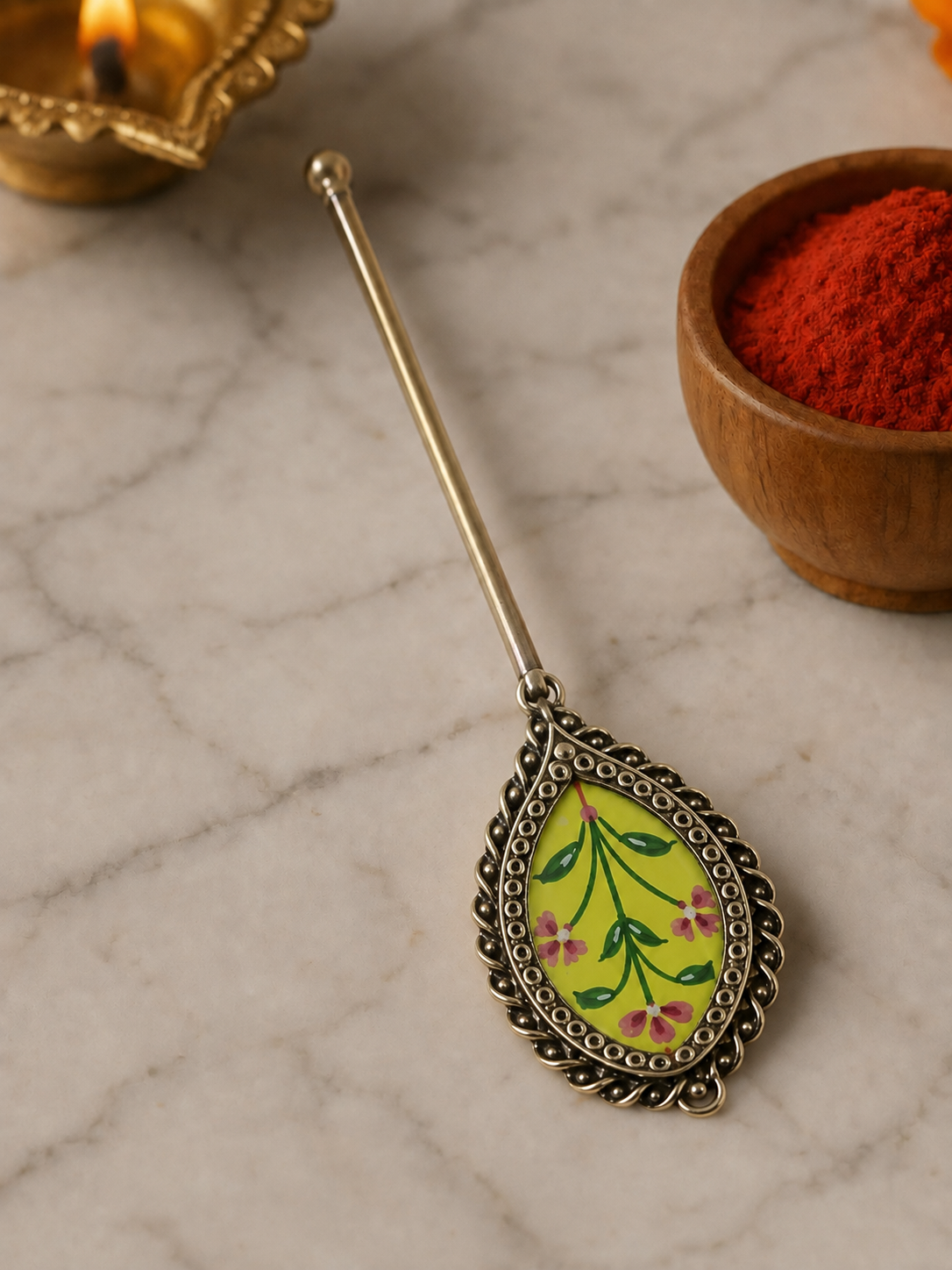Pure Silver Hand-painted Pear Shaped Antique Pooja tilakstick