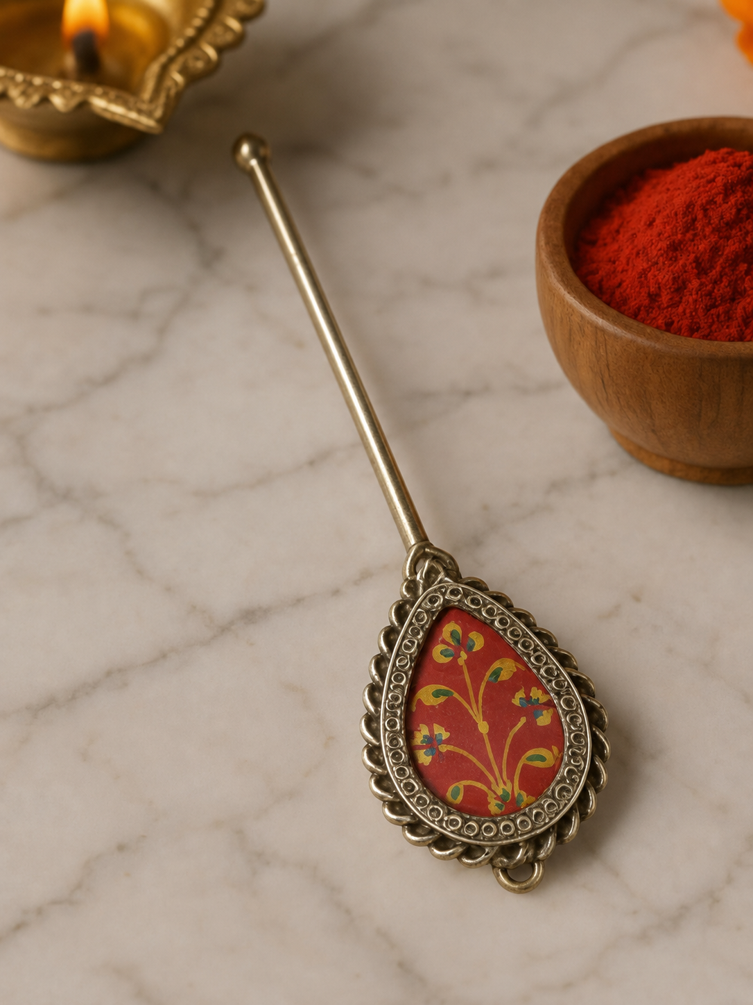 Pure Silver Hand-painted Pear Shaped Antique Pooja tilakstick