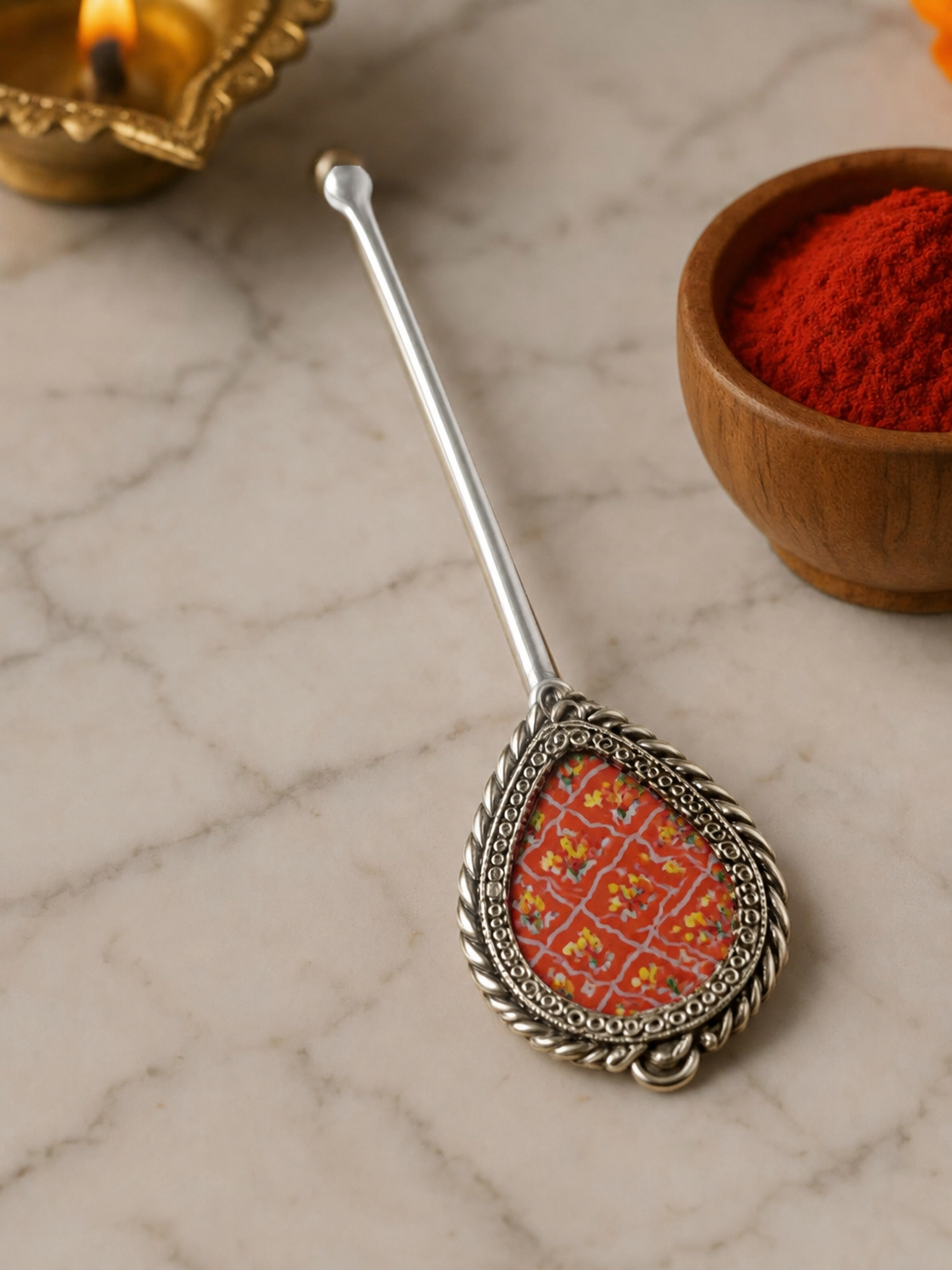 Pure Silver Hand-painted Pear Shaped Antique Pooja tilakstick