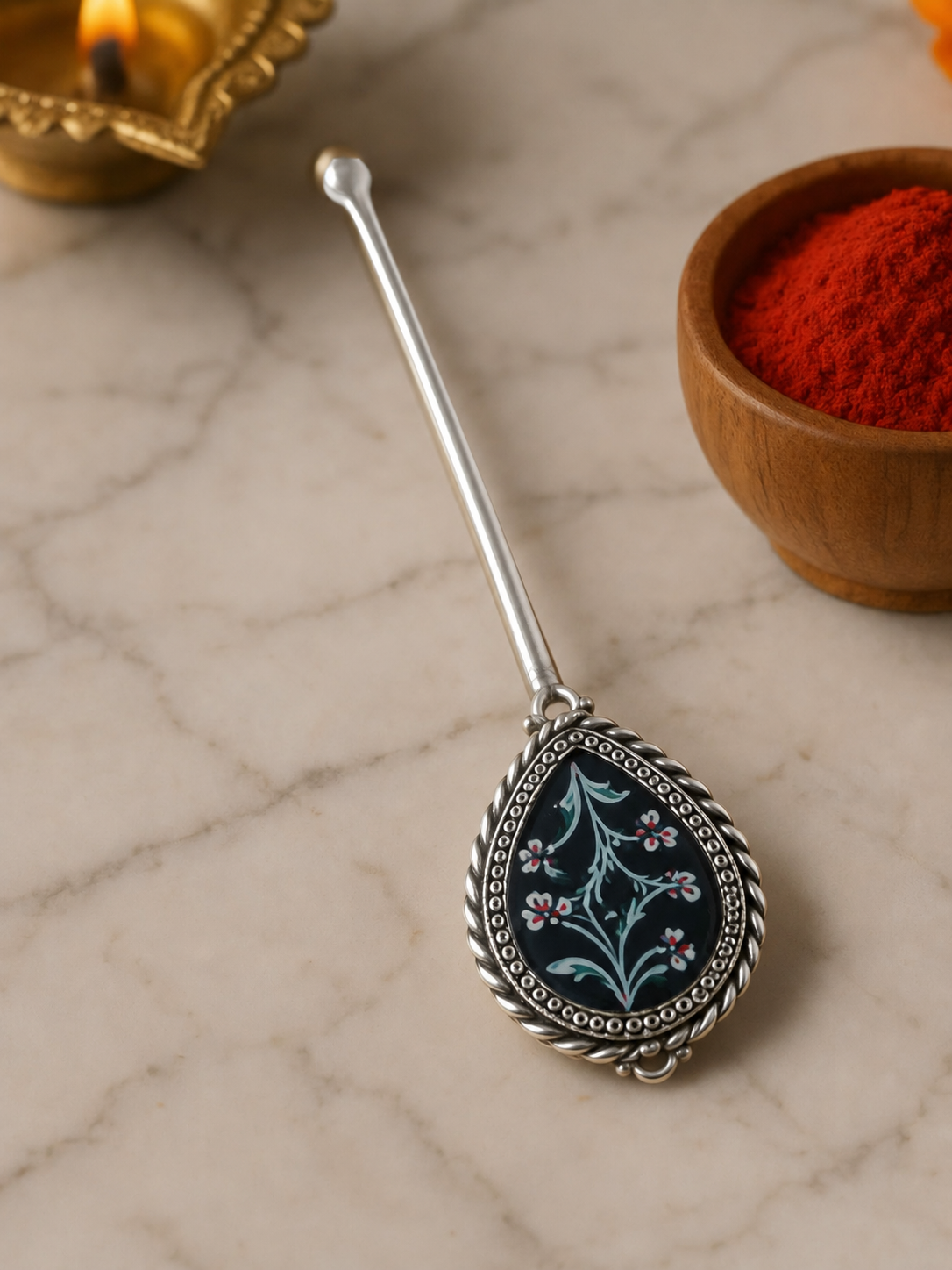 Pure Silver Hand-painted Pear Shaped Antique Pooja tilakstick