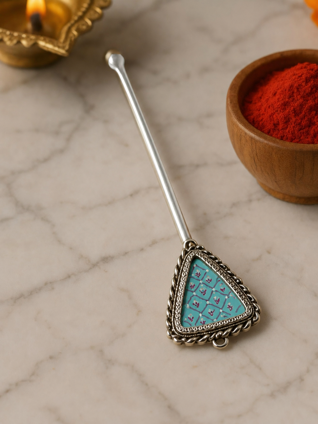 Pure Silver Hand-painted Triangular Shaped Antique Pooja tilakstick