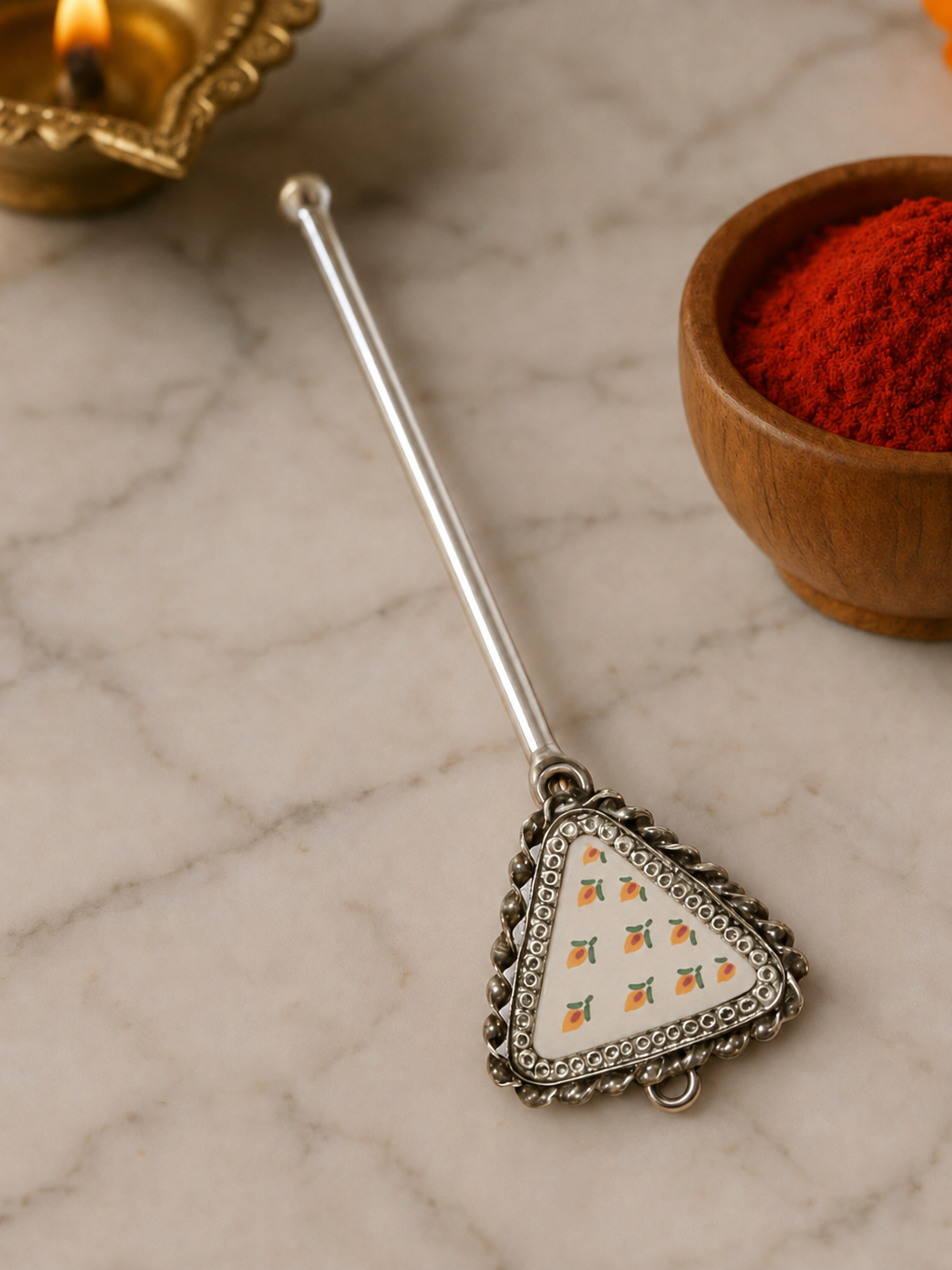 Pure Silver Hand-painted Triangular Shaped Antique Pooja tilakstick