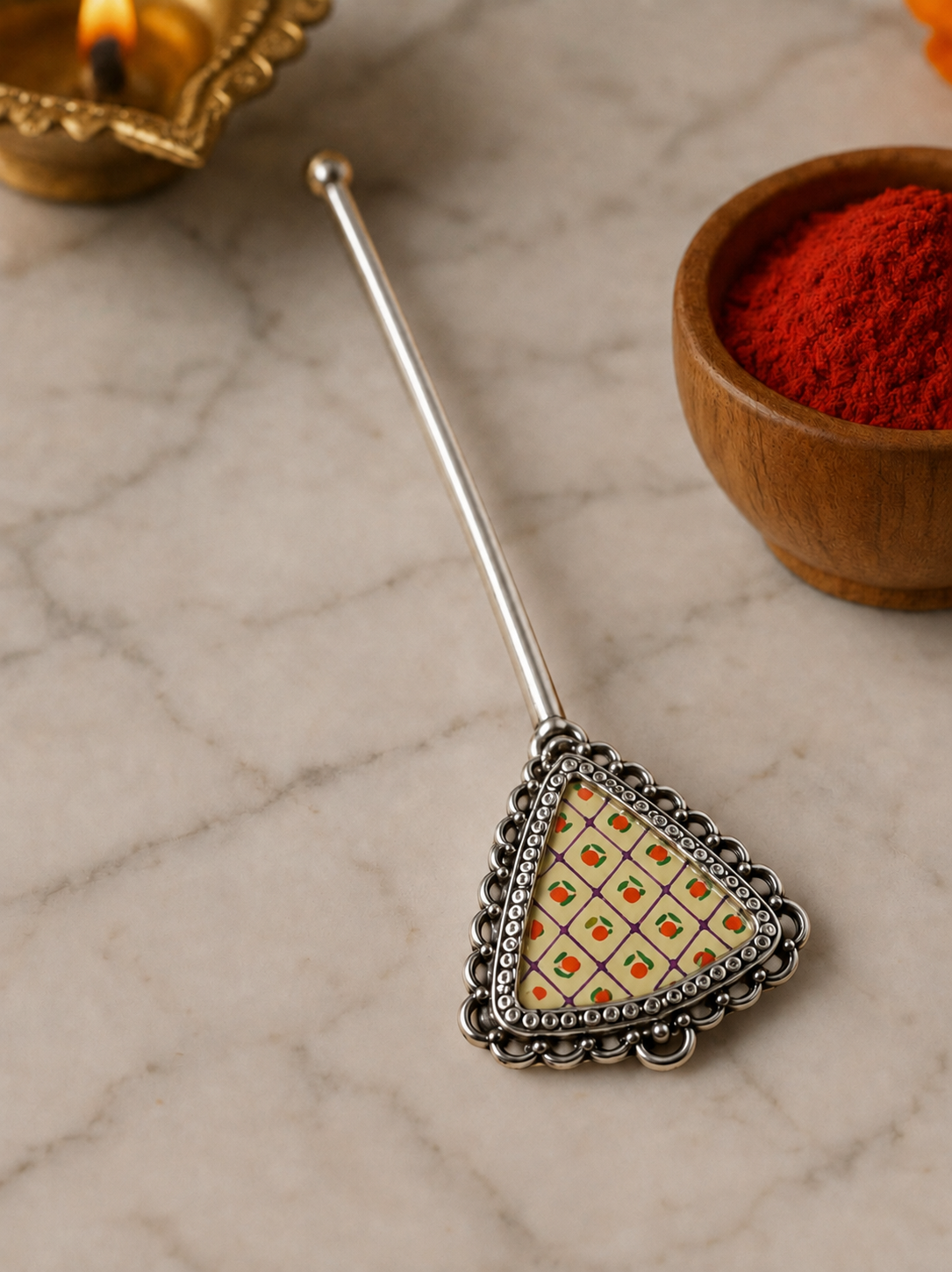 Pure Silver Hand-painted Triangular Shaped Antique Pooja tilakstick