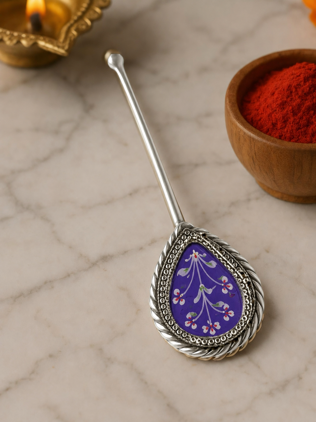 Pure Silver Hand-painted Pear Shaped Antique Pooja tilakstick